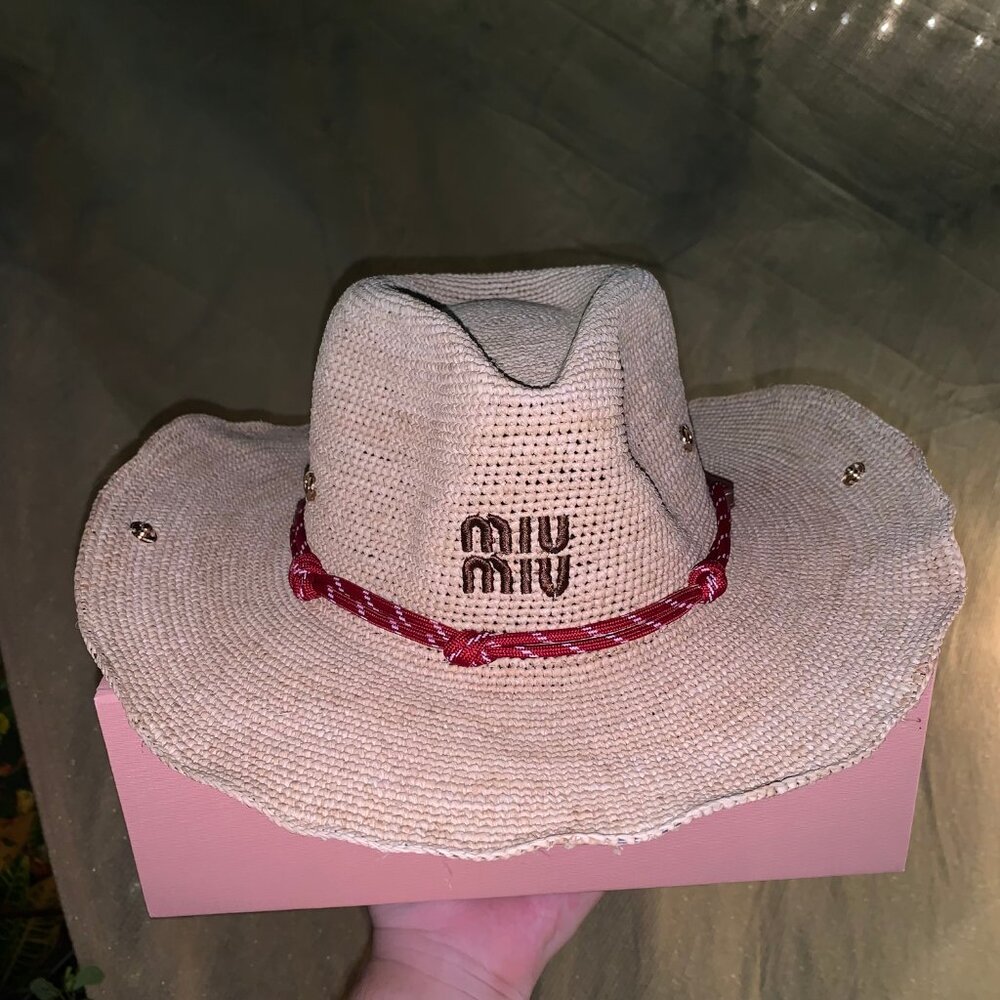 Women's Miu Miu straw hat with wide brim and red rope trim | Brand new, real sho